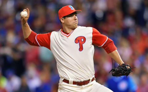 PHILADELPHIA, PA – AUGUST 25: Starting pitcher Jerad Eickhoff #48 of the Philadelphia Phillies delivers a pitch in the third inning against the Chicago Cubs at Citizens Bank Park on August 25, 2017 in Philadelphia, Pennsylvania. (Photo by Drew Hallowell/Getty Images)