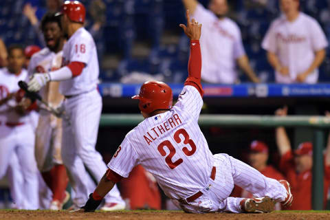 PHILADELPHIA, PA – SEPTEMBER 12: Aaron Altherr #23 of the Philadelphia Phillies celebrates after scoring the game winning run against the Miami Marlins in the 15th inning at Citizens Bank Park on September 12, 2017 in Philadelphia, Pennsylvania. The Phillies won 9-8. (Photo by Drew Hallowell/Getty Images)