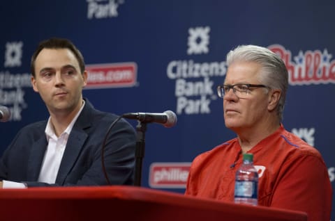 PHILADELPHIA, PA – SEPTEMBER 29: Phillies General Manager Matt Klentak and manager Pete Mackanin