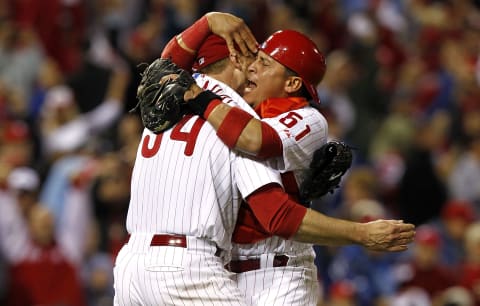 PHILADELPHIA – OCTOBER 06: Roy Halladay #34 and Carlos Ruiz #51 of the Philadelphia Phillies celebrate Halladay’s no-hitter and the win in Game 1 of the NLDS against the Cincinnati Reds at Citizens Bank Park on October 6, 2010 in Philadelphia, Pennsylvania. (Photo by Jeff Zelevansky/Getty Images)