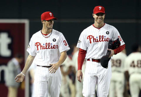 PHOENIX, AZ – JULY 12: National League All-Star Cole Hamels #35 of the Philadelphia Phillies and National League All-Star Roy Halladay #34 of the Philadelphia Phillies talk during batting practice before the start of the 82nd MLB All-Star Game at Chase Field on July 12, 2011 in Phoenix, Arizona. (Photo by Christian Petersen/Getty Images)