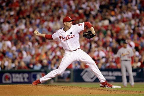 PHILADELPHIA, PA – OCTOBER 07: Roy Halladay #34 of the Philadelphia Phillies throws a pitch against the St. Louis Cardinals during Game Five of the National League Divisional Series at Citizens Bank Park on October 7, 2011 in Philadelphia, Pennsylvania. (Photo by Rob Carr/Getty Images)