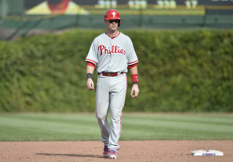 CHICAGO, IL – AUGUST 30: Michael Young #10 of the Philadelphia Phillies stands on second base after hitting an RBI single scoring teammate Roger Bernadina #3 during the ninth inning against the Chicago Cubs at Wrigley Field on August 30, 2013 in Chicago, Illinois. Young advanced to second on the throw home. The Phillies defeated the Cubs 6-5. (Photo by Brian Kersey/Getty Images)