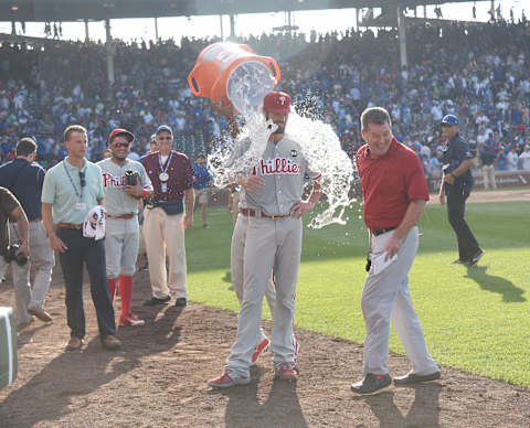 CHICAGO, IL – JULY 25: Cole Hamels #35 of the Philadelphia Phillies gets a ice water bath after his no hitter on July 25, 2015 at Wrigley Field in Chicago, Illinois. Hamels pitched a no hitter and the Phillies won 5-0. (Photo by David Banks/Getty Images)