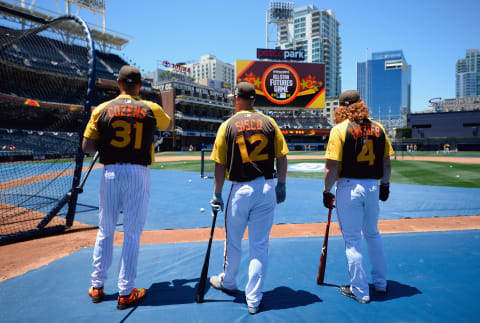 SAN DIEGO, CA – JULY 10: (L-R) Dylan Cozens #31 of the U.S. Team, Chance Sisco #12, and Clint Frazier #4 look on prior to the SiriusXM All-Star Futures Game at PETCO Park on July 10, 2016 in San Diego, California. (Photo by Denis Poroy/Getty Images)