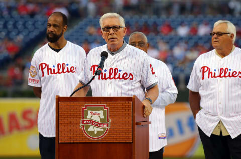 PHILADELPHIA, PA – AUGUST 12: Former Phillies third baseman and Hall of Famer Mike Schmidt speaks during a ceremony with Phillies alumni before a game between the Philadelphia Phillies and the New York Mets at Citizens Bank Park on August 12, 2017 in Philadelphia, Pennsylvania. The Phillies won 3-1. (Photo by Hunter Martin/Getty Images)