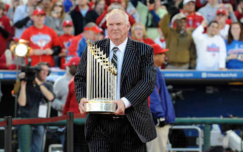 PHILADELPHIA, PA – OCTOBER 31: Philadelphia Phillies manager Charlie Manuel holds the World Series Trophy at a victory rally at Citizens Bank Park October 31, 2008 in Philadelphia, Pennsylvania. The Phillies defeated the Tampa Bay Rays to win their first World Series in 28 years. (Photo by Jeff Fusco/Getty Images)