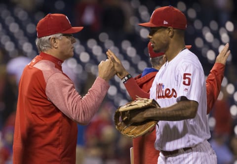 PHILADELPHIA, PA – SEPTEMBER 29: Manager Pete Mackanin #45 of the Philadelphia Phillies fist bumps Nick Williams #5 after the game against the New York Mets at Citizens Bank Park on September 29, 2017 in Philadelphia, Pennsylvania. The Phillies defeated the Mets 6-2. (Photo by Mitchell Leff/Getty Images)