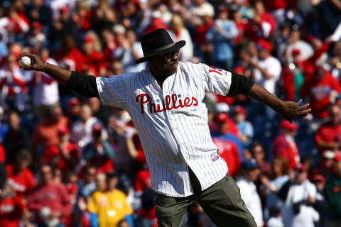 PHILADELPHIA – OCTOBER 07: Dick Allen, former player for the Philadelphia Phillies throws out the ceremonial first pitch prior to Game One of the NLDS between the Philadelphia Phillies and the Colorado Rockies during the 2009 MLB Playoffs at Citizens Bank Park on October 7, 2009 in Philadelphia, Pennsylvania. (Photo by Chris McGrath/Getty Images)