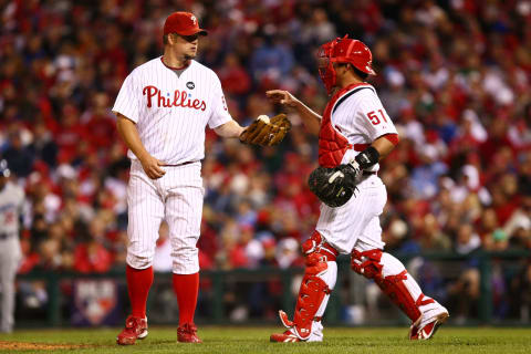 PHILADELPHIA – OCTOBER 19: Catcher Carlos Ruiz (R)