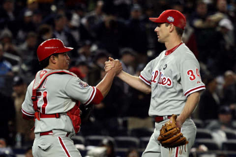 NEW YORK – OCTOBER 28: (L-R) Carlos Ruiz #51 and Cliff Lee #34 of the Philadelphia Phillies celebrate after their 6-1 win against the New York Yankees in Game One of the 2009 MLB World Series at Yankee Stadium on October 28, 2009 in the Bronx borough of New York City. (Photo by Jim McIsaac/Getty Images)