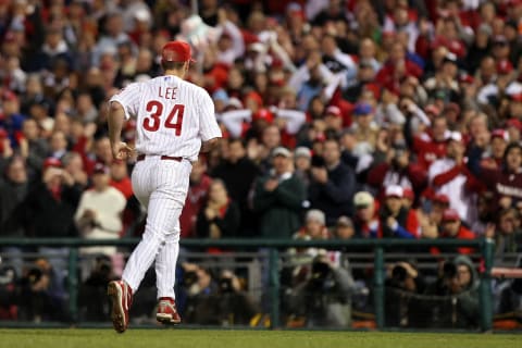 PHILADELPHIA – NOVEMBER 02: Cliff Lee #34 of the Philadelphia Phillies runs back to the dugout after the final out in the top of the seventh inning against the New York Yankees in Game Five of the 2009 MLB World Series at Citizens Bank Park on November 2, 2009 in Philadelphia, Pennsylvania. (Photo by Nick Laham/Getty Images)