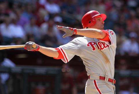 PHOENIX – APRIL 25: Greg Dobbs #19 of the Philadelphia Phillies bats against the Arizona Diamondbacks during the Major League Baseball game at Chase Field on April 25, 2010 in Phoenix, Arizona. The Diamondbacks defeated the Phillies 8-6. (Photo by Christian Petersen/Getty Images)