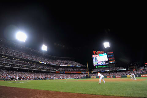 PHILADELPHIA, PA – OCTOBER 07: A general view of Chris Carpenter #29 of the St. Louis Cardinals pitching against Chase Utley #26 of the Philadelphia Phillies during Game Five of the National League Divisional Series at Citizens Bank Park on October 7, 2011 in Philadelphia, Pennsylvania. (Photo by Drew Hallowell/Getty Images)