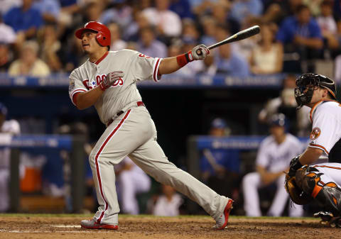 KANSAS CITY, MO – JULY 10: National League All-Star Carlos Ruiz #51 of the Philadelphia Phillies flies out to left in the seventh inning during the 83rd MLB All-Star Game at Kauffman Stadium on July 10, 2012 in Kansas City, Missouri. (Photo by Jonathan Daniel/Getty Images)