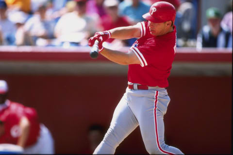 7 Mar 1998: Outfielder Lenny Dykstra of the Philadelphia Phillies in action during a spring training game against the Cincinnati Reds at the Ed Smith Stadium in Sarasota, Florida. Mandatory Credit: Rick Stewart /Allsport