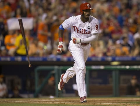 PHILADELPHIA, PA – JUNE 17: Domonic Brown #9 of the Philadelphia Phillies throws his bat after a fly out in bottom of the seventh innning against the Baltimore Orioles on June 17, 2015 at the Citizens Bank Park in Philadelphia, Pennsylvania. The Orioles defeated the Phillies 6-4. (Photo by Mitchell Leff/Getty Images)