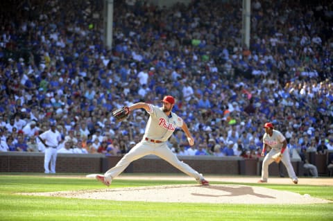 CHICAGO, IL – JULY 25: Cole Hamels #35 of the Philadelphia Phillies pitches against the Chicago Cubs during the sixth inning on July 25, 2015 at Wrigley Field in Chicago, Illinois. (Photo by David Banks/Getty Images)