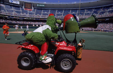 17 Jun 2001: The Philadelphia Phillies mascot, Philly Phanatic performs during the game against the Baltimore Orioles at the Veterans Stadium in Philadelphia, Pennsylvania. The Orioles defeated the Phillies 10-7.Mandatory Credit: Doug Pensinger /Allsport