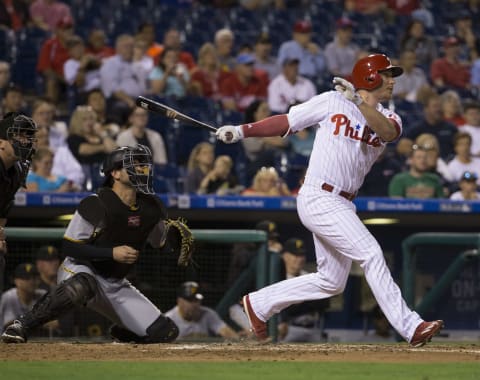 PHILADELPHIA, PA – SEPTEMBER 12: Cody Asche #25 of the Philadelphia Phillies hits an RBI double in the bottom of the second inning against the Pittsburgh Pirates at Citizens Bank Park on September 12, 2016 in Philadelphia, Pennsylvania. (Photo by Mitchell Leff/Getty Images)