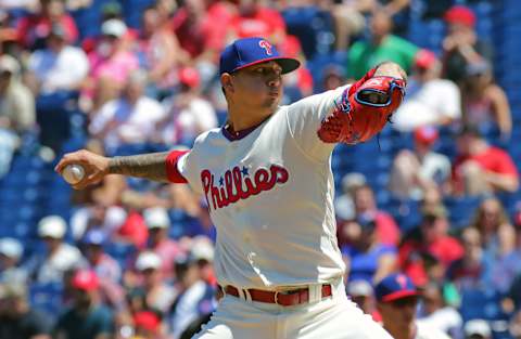 PHILADELPHIA, PA – JULY 30: Starting pitcher Vince Velasquez #28 of the Philadelphia Phillies throws a pitch in the first inning during a game against the Atlanta Braves at Citizens Bank Park on July 30, 2017 in Philadelphia, Pennsylvania. (Photo by Hunter Martin/Getty Images)