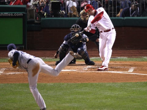 PHILADELPHIA – OCTOBER 26: Pat Burrell #5 of the Philadelphia Phillies bats against the Tampa Bay Rays during game four of the 2008 MLB World Series on October 26, 2008 at Citizens Bank Park in Philadelphia, Pennsylvania. (Photo by Jim McIsaac/Getty Images)