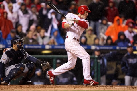 PHILADELPHIA – OCTOBER 27: Chase Utley #26 of the Philadelphia Phillies bats against the Tampa Bay Rays during game five of the 2008 MLB World Series on October 27, 2008 at Citizens Bank Park in Philadelphia, Pennsylvania. (Photo by Jed Jacobsohn/Getty Images)