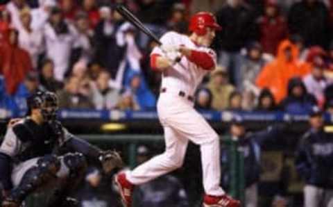 PHILADELPHIA – OCTOBER 27: Chase Utley #26 of the Philadelphia Phillies bats against the Tampa Bay Rays during game five of the 2008 MLB World Series on October 27, 2008 at Citizens Bank Park in Philadelphia, Pennsylvania. (Photo by Jed Jacobsohn/Getty Images)