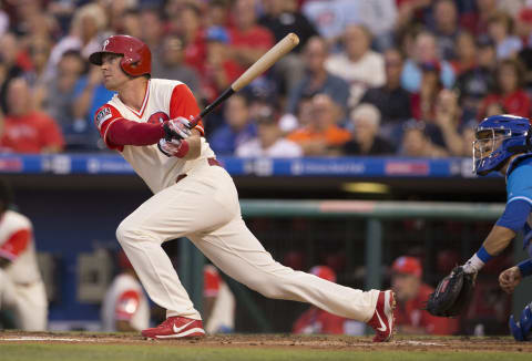 PHILADELPHIA, PA – AUGUST 26: Rhys Hoskins #17 of the Philadelphia Phillies hits a two run home run in the bottom of the first inning against the Chicago Cubs at Citizens Bank Park on August 26, 2017 in Philadelphia, Pennsylvania. (Photo by Mitchell Leff/Getty Images)