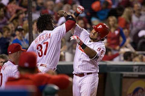 PHILADELPHIA, PA – SEPTEMBER 29: Jorge Alfaro #38 of the Philadelphia Phillies celebrates with Odubel Herrera #37 after hitting a solo home run in the bottom of the sixth inning against the New York Mets at Citizens Bank Park on September 29, 2017 in Philadelphia, Pennsylvania. The Phillies defeated the Mets 6-2. (Photo by Mitchell Leff/Getty Images)