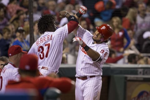 PHILADELPHIA, PA – SEPTEMBER 29: Jorge Alfaro #38 of the Philadelphia Phillies celebrates with Odubel Herrera #37 after hitting a solo home run in the bottom of the sixth inning against the New York Mets at Citizens Bank Park on September 29, 2017 in Philadelphia, Pennsylvania. The Phillies defeated the Mets 6-2. (Photo by Mitchell Leff/Getty Images)