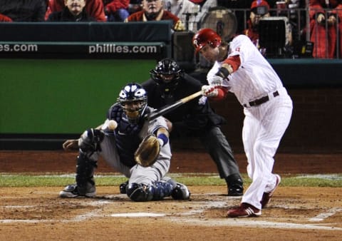 PHILADELPHIA – NOVEMBER 02: Jayson Werth #28 of the Philadelphia Phillies hits a RBI single in the third inning against the New York Yankees in Game Five of the 2009 MLB World Series at Citizens Bank Park on November 2, 2009 in Philadelphia, Pennsylvania. (Photo by Jeff Zelevansky/Getty Images)