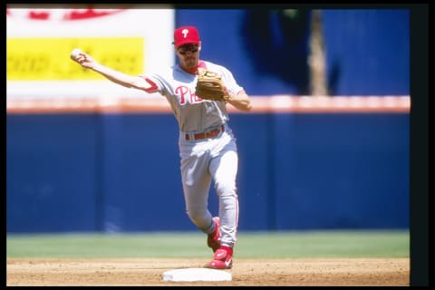 6 Apr 1997: Shortstop Kevin Stocker of the Philadelphia Phillies throws the ball during a game against the San Diego Padres at Qualcomm Stadium in San Diego, California. The Phillies won the game 3-2. Mandatory Credit: Todd Warshaw /Allsport