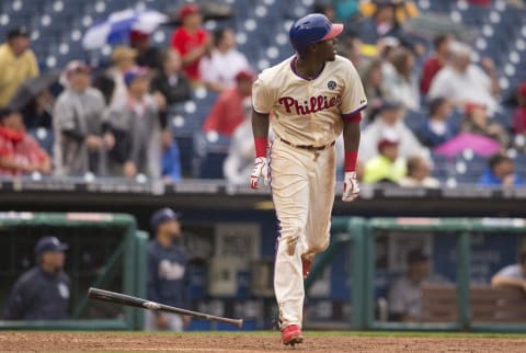 PHILADELPHIA, PA – JUNE 12: First baseman John Mayberry Jr. #15 of the Philadelphia Phillies hits a three run home run in the bottom of the seventh inning against the San Diego Padres on June 12, 2014 at Citizens Bank Park in Philadelphia, Pennsylvania. (Photo by Mitchell Leff/Getty Images)