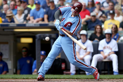 MILWAUKEE, WI – JULY 16: Andrew Knapp #34 of the Philadelphia Phillies grounds out in the first inning against the Milwaukee Brewers at Miller Park on July 16, 2017 in Milwaukee, Wisconsin. (Photo by Dylan Buell/Getty Images)