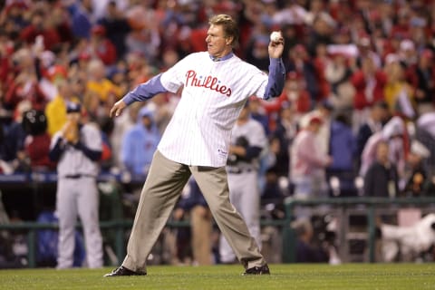 PHILADELPHIA – OCTOBER 25: Steve Carlton throws out the first pitch before the Philadelphia Phillies take on the Tampa Bay Rays during game three of the 2008 MLB World Series on October 25, 2008 at Citizens Bank Park in Philadelphia, Pennsylvania. (Photo by Doug Pensinger/Getty Images)