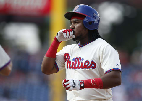 PHILADELPHIA, PA – SEPTEMBER 17: Maikel Franco #7 of the Philadelphia Phillies reacts after hitting a single against the Oakland Athletics during the fourth inning of a game at Citizens Bank Park on September 17, 2017 in Philadelphia, Pennsylvania. (Photo by Rich Schultz/Getty Images)