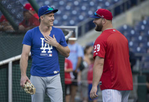 PHILADELPHIA, PA – SEPTEMBER 18: Chase Utley #26 of the Los Angeles Dodgers talks to Cameron Rupp #29 of the Philadelphia Phillies prior to the game at Citizens Bank Park on September 18, 2017 in Philadelphia, Pennsylvania. (Photo by Mitchell Leff/Getty Images)