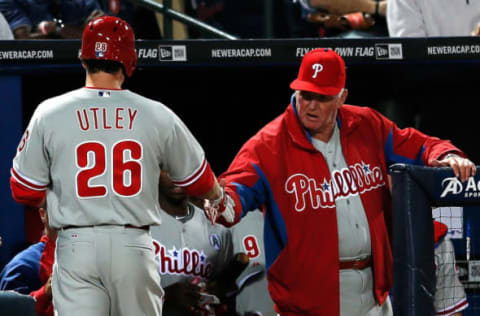 ATLANTA, GA – APRIL 01: Charlie Manuel #41 of the Philadelphia Phillies congratulates Chase Utley #26 (Photo by Kevin C. Cox/Getty Images)