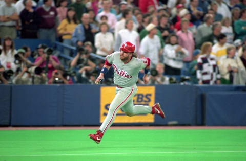 TORONTO – OCTOBER 16: John Kruk #29 of the Philadelphia Phillies rounds the bases during Game one of the 1993 World Series against the Toronto Blue Jays at Skydome on October 16, 1993 in Toronto, Ontario, Canada. The Blue Jays defeated the Phillies 8-5. (Photo by Rick Stewart/Getty Images)