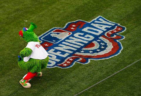 PHILADELPHIA, PA – APRIL 07: The Phillie Phanatic performs before an opening day game between the Philadelphia Phillies the Washington Nationals at Citizens Bank Park on April 7, 2017 in Philadelphia, Pennsylvania. (Photo by Rich Schultz/Getty Images)