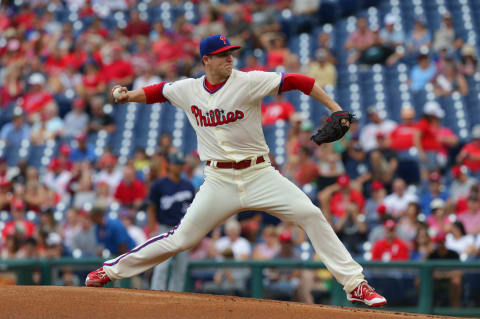 PHILADELPHIA, PA – JULY 23: Starting pitcher Jerad Eickhoff #48 of the Philadelphia Phillies throws a pitch in the first inning during a game against the Milwaukee Brewers at Citizens Bank Park on July 23, 2017 in Philadelphia, Pennsylvania. (Photo by Hunter Martin/Getty Images)