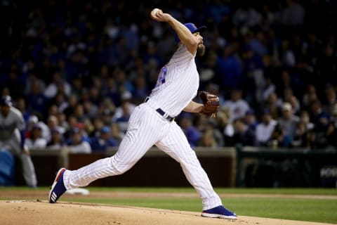 CHICAGO, IL – OCTOBER 18: Jake Arrieta #49 of the Chicago Cubs pitches in the first inning against the Los Angeles Dodgers game four of the National League Championship Series at Wrigley Field on October 18, 2017 in Chicago, Illinois. (Photo by Jonathan Daniel/Getty Images)