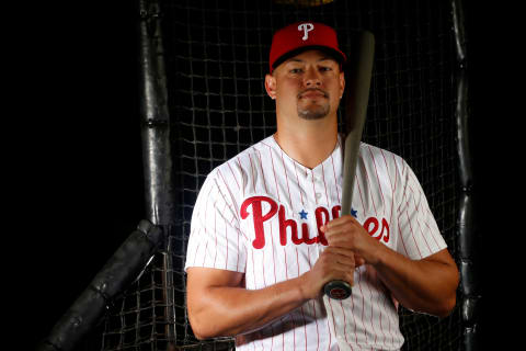 CLEARWATER, FL – FEBRUARY 20: Dylan Cozens #77 of the Philadelphia Phillies poses for a portrait on February 20, 2018 at Spectrum Field in Clearwater, Florida. (Photo by Brian Blanco/Getty Images)