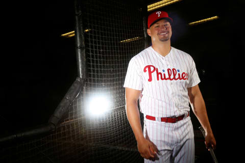 CLEARWATER, FL – FEBRUARY 20: Dylan Cozens #77 of the Philadelphia Phillies poses for a portrait on February 20, 2018 at Spectrum Field in Clearwater, Florida. (Photo by Brian Blanco/Getty Images)