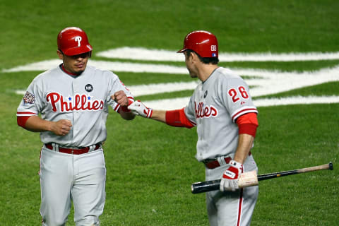 NEW YORK – NOVEMBER 04: Carlos Ruiz #51 of the Philadelphia Phillies is congratulated by Chase Utley #26 after Ruiz scored in the top of the third inning against the New York Yankees in Game Six of the 2009 MLB World Series at Yankee Stadium on November 4, 2009 in the Bronx borough of New York City. (Photo by Chris McGrath/Getty Images)