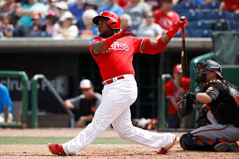 CLEARWATER, FL – MARCH 25: Maikel Franco #7 of the Philadelphia Phillies hits a two-run home run against the Baltimore Orioles in the seventh inning of a Grapefruit League spring training game at Spectrum Field on March 25, 2018 in Clearwater, Florida. (Photo by Joe Robbins/Getty Images)