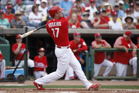 CLEARWATER, FL – MARCH 25: Rhys Hoskins #17 of the Philadelphia Phillies hits a solo home run against the Baltimore Orioles in the second inning of a Grapefruit League spring training game at Spectrum Field on March 25, 2018 in Clearwater, Florida. The Orioles won 6-5. (Photo by Joe Robbins/Getty Images)