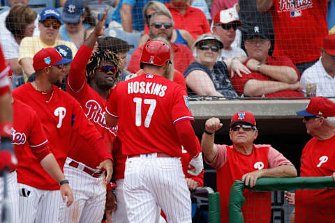 CLEARWATER, FL – MARCH 25: Rhys Hoskins #17 of the Philadelphia Phillies celebrates with Odubel Herrera #37 after a solo home run against the Baltimore Orioles in the second inning of a Grapefruit League spring training game at Spectrum Field on March 25, 2018 in Clearwater, Florida. The Orioles won 6-5. (Photo by Joe Robbins/Getty Images)