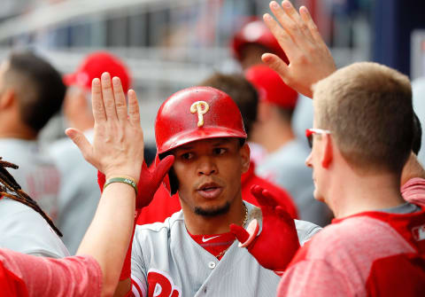 ATLANTA, GA – MARCH 29: Cesar Hernandez #16 of the Philadelphia Phillies reacts after hitting a solo homer in the sixth inning against the Atlanta Braves at SunTrust Park on March 29, 2018 in Atlanta, Georgia. (Photo by Kevin C. Cox/Getty Images)